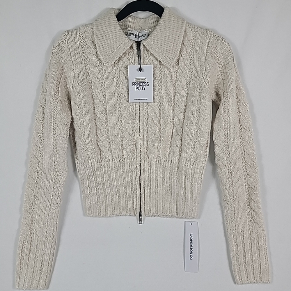 NEW Princess Polly Womens Jeller Zip Front Beige Super Soft Cardigan Sz US 2 - Picture 1 of 6